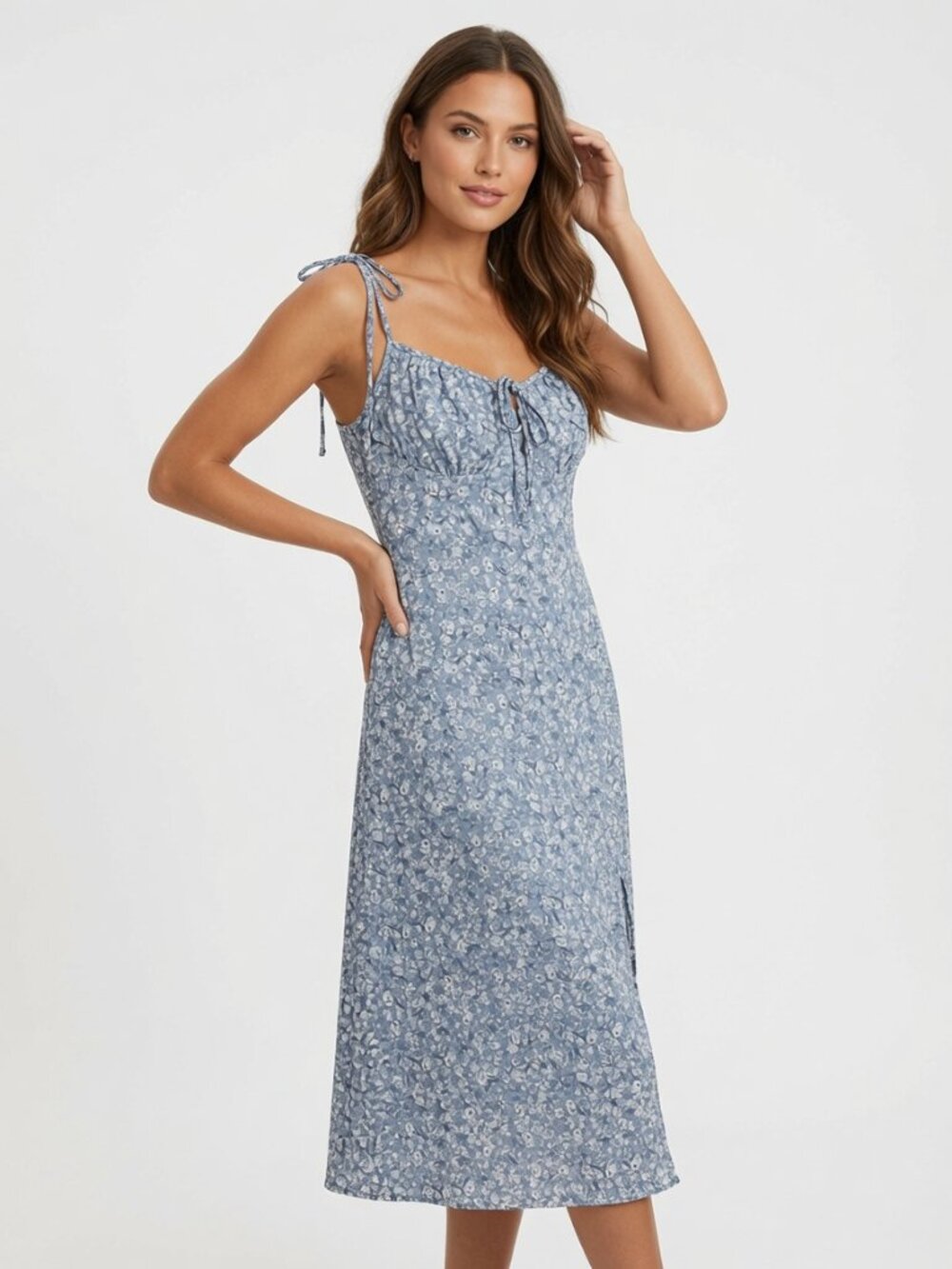 Blue Gray Floral Print Slip Midi Dress with Side Slit